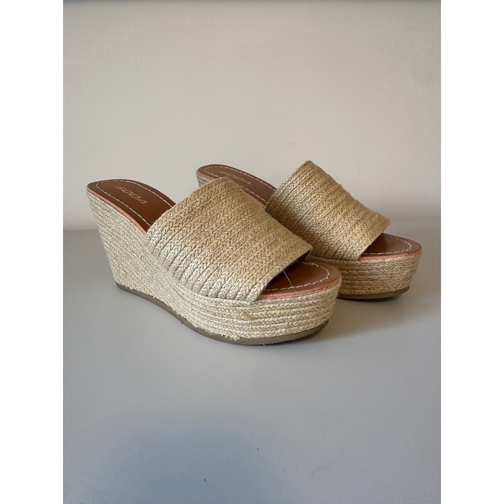 Soda Beige Woven Raffia Platform Wedge Slide Sandals | Size 10